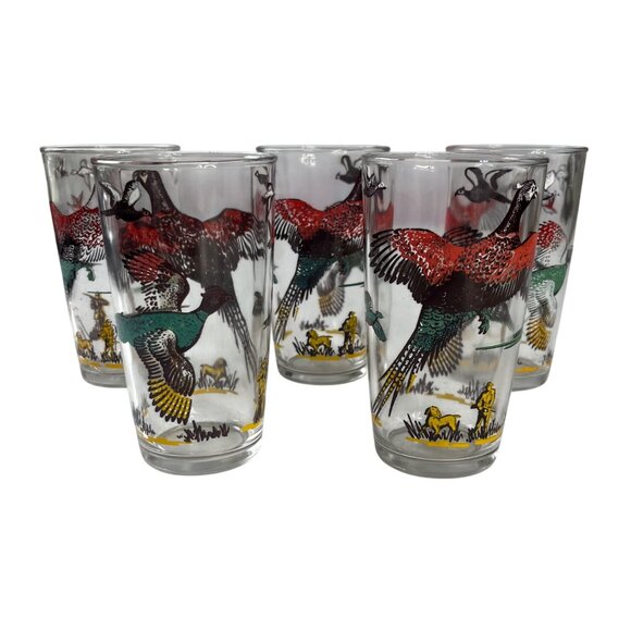Vintage Highball Glasses Pheasant Design Hunting Scene Set Of 5 Red Gold - Picture 1 of 5